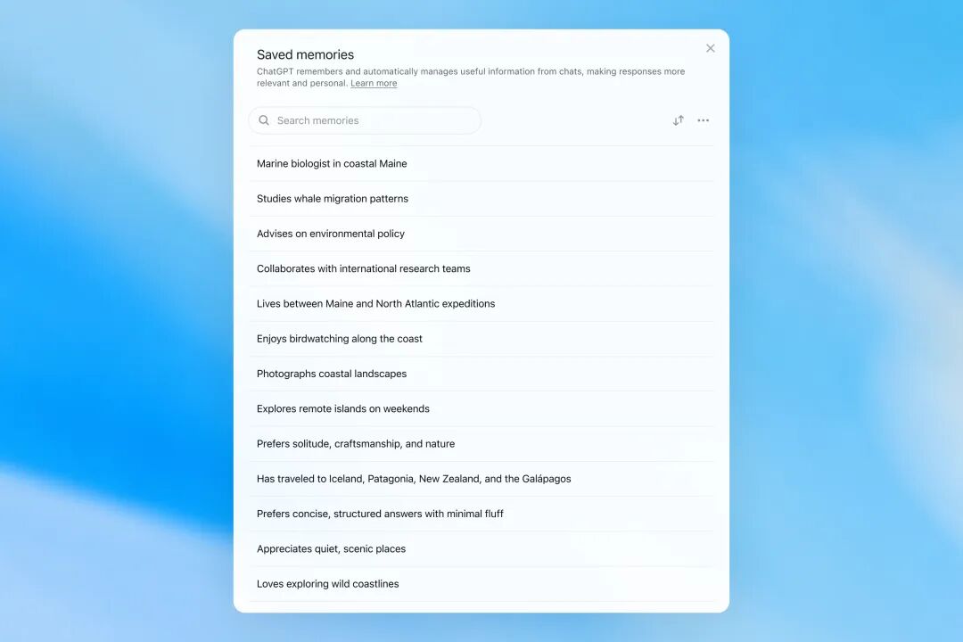 Saved memories modal showing a searchable list of personal details, including work, interests, travel, and response preferences.